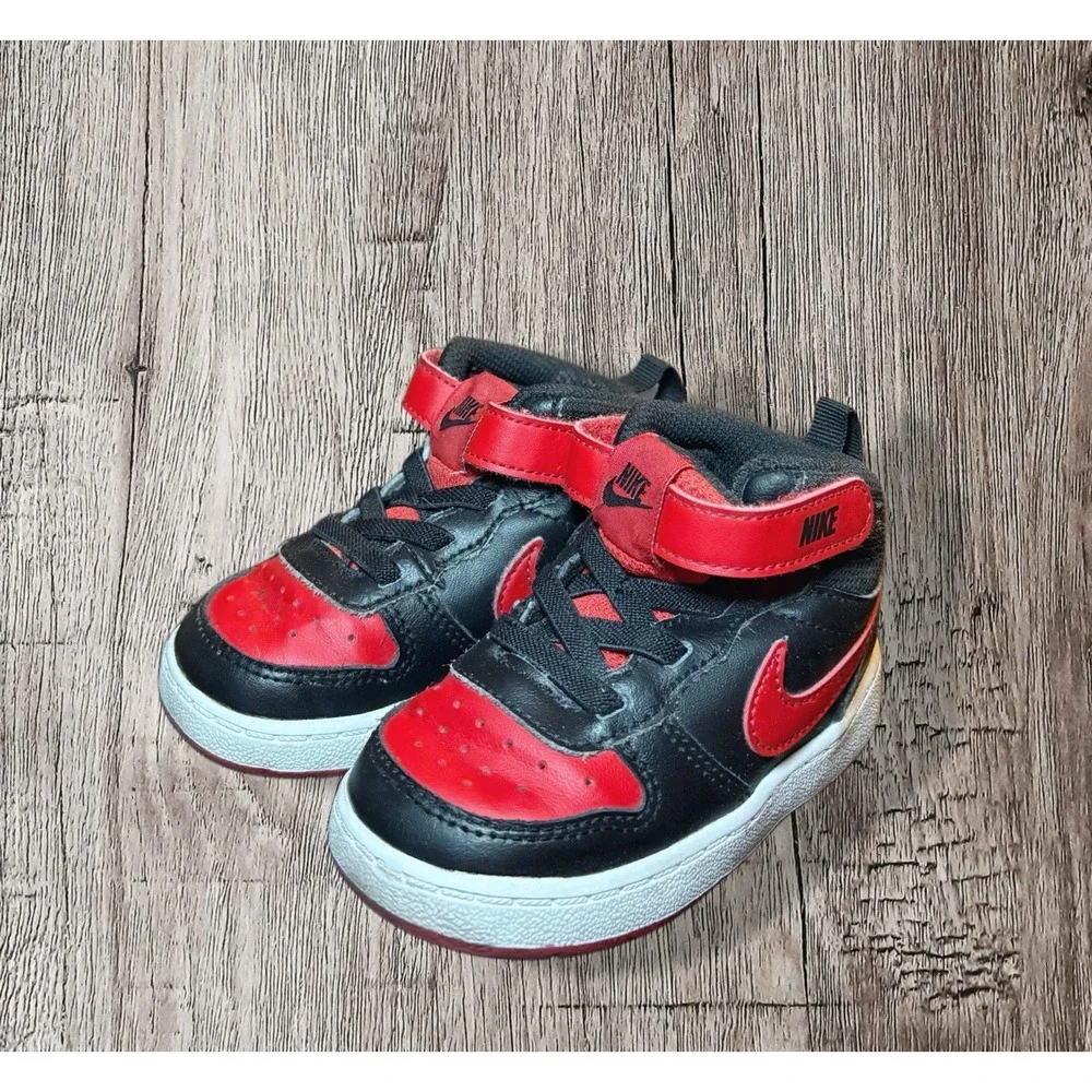 Nike Court Borough Bred Hi Top Sneaker CD7784-003 Red Black Straps Toddler 6C